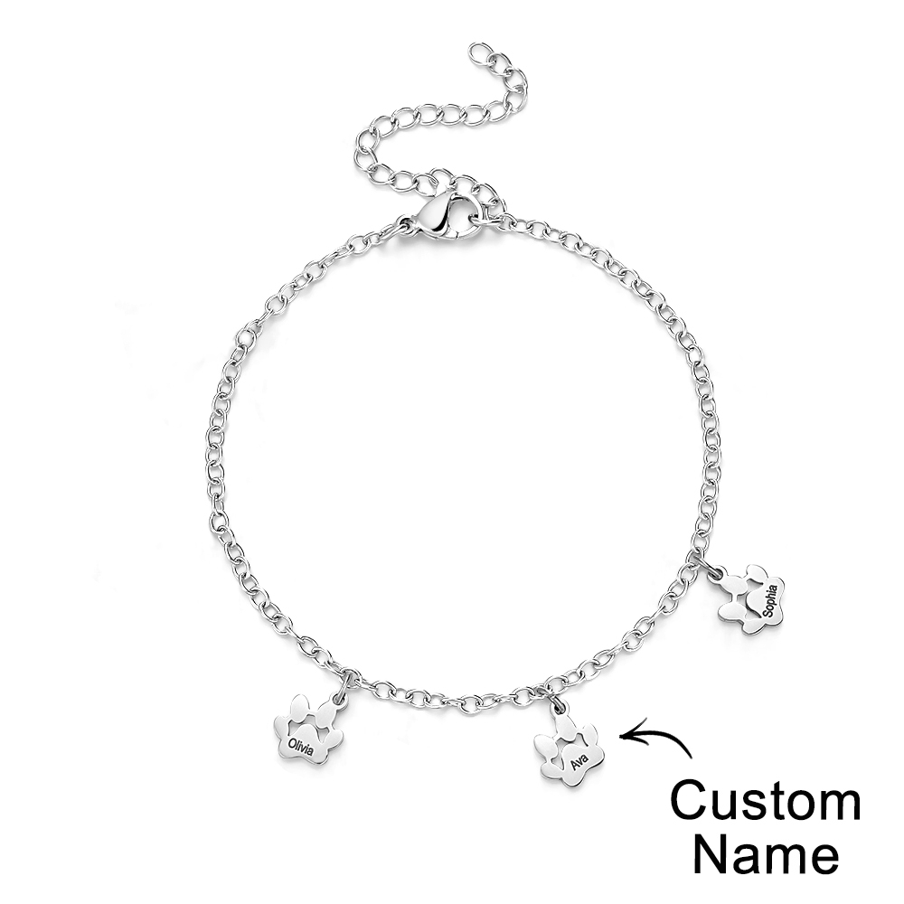 Custom Name Paw Print Bracelets 1-6 Names Dog Paw Bracelets Minimalist Cat Paw Bracelets for Pet Lover - soufeelus