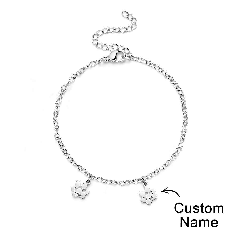 Custom Name Paw Print Bracelets 1-6 Names Dog Paw Bracelets Minimalist Cat Paw Bracelets for Pet Lover - soufeelus