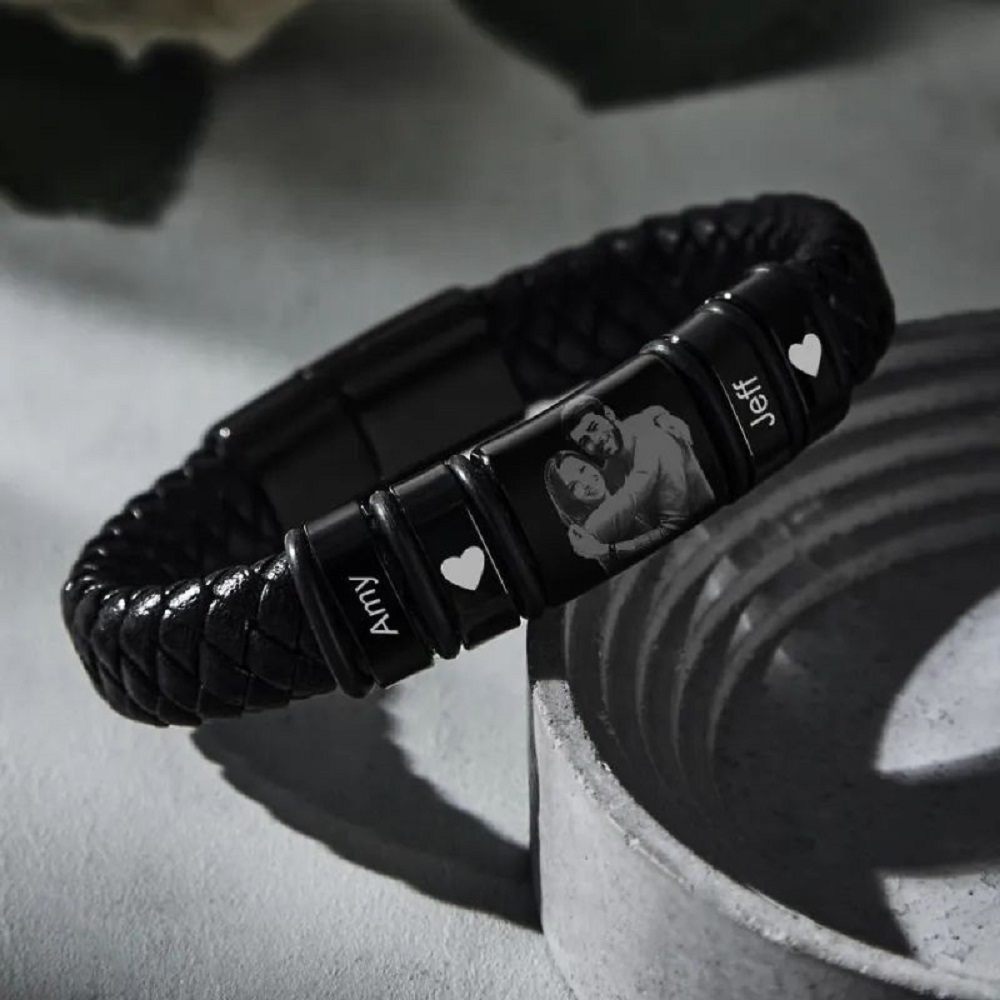 Custom Photo Engraved Bracelet Leather Bracelet Men's Bracelet Gifts for Him