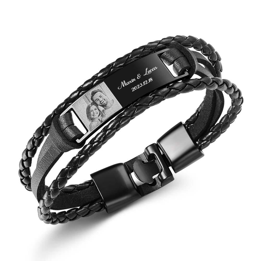 Custom Men's Bracelets Photo Leather Engraved Name and Date Men's Bracelet Best Valentine's Day Gifts for Him - soufeelus