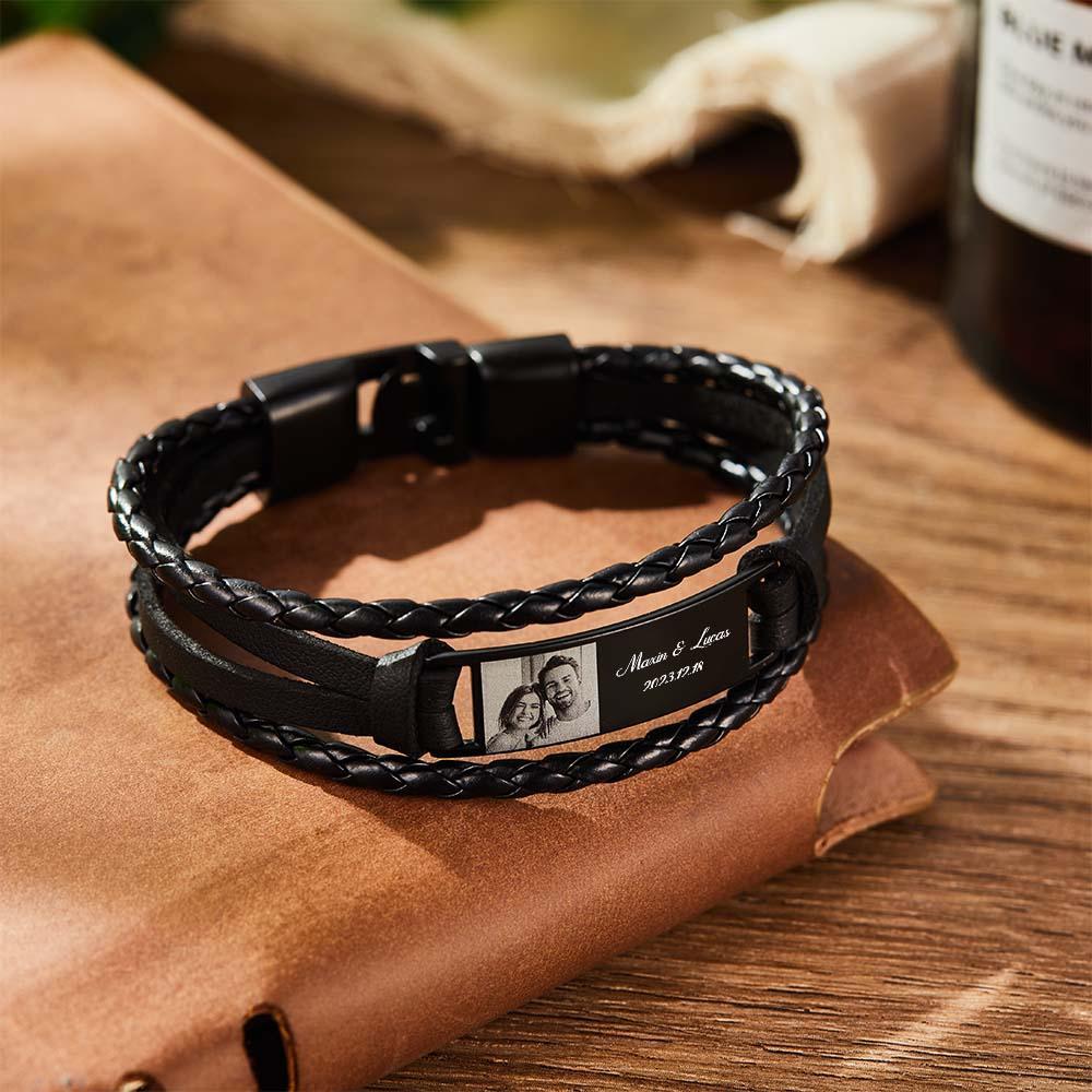 Custom Men's Bracelets Photo Leather Engraved Name and Date Men's Bracelet Best Valentine's Day Gifts for Him - soufeelus