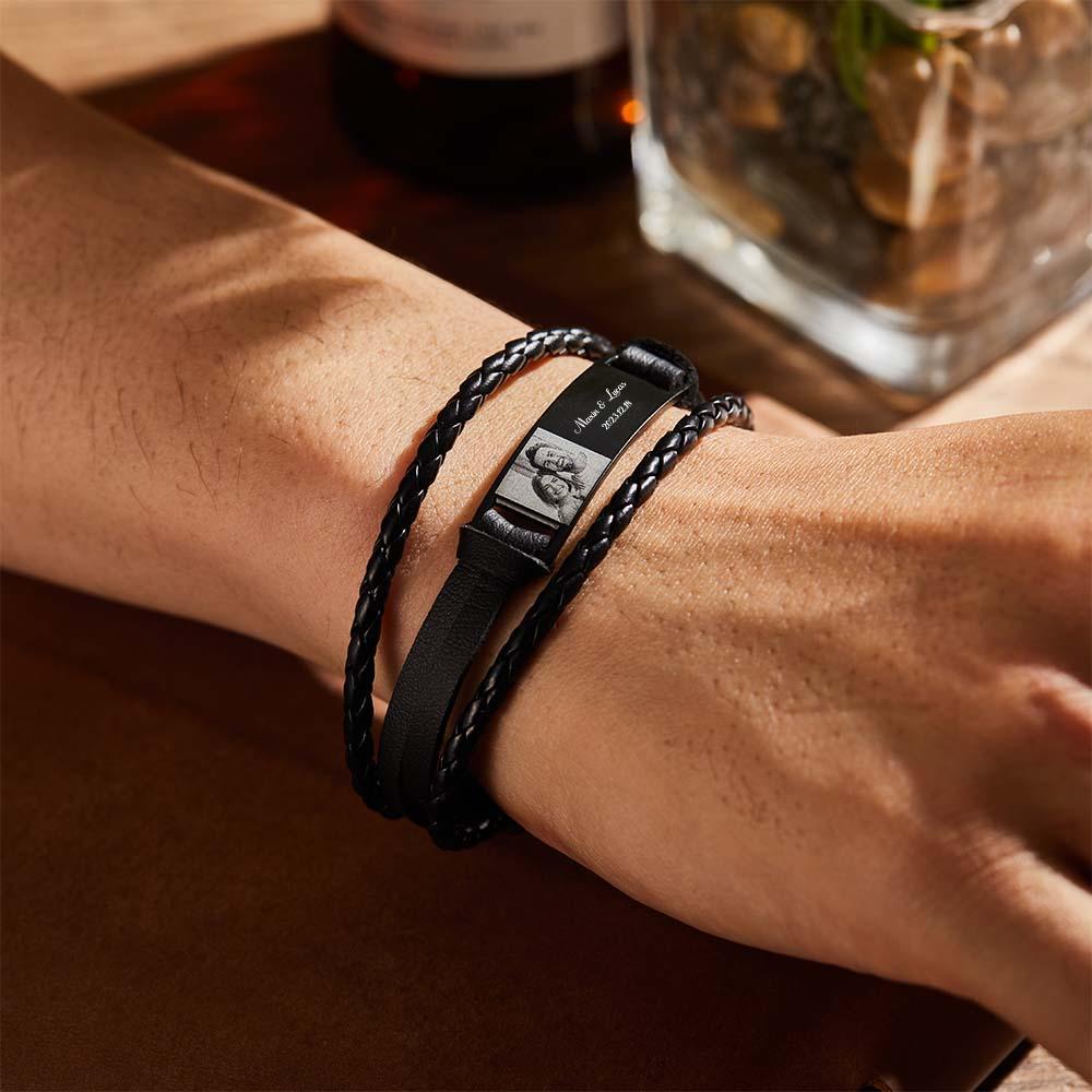 Custom Men's Bracelets Photo Leather Engraved Name and Date Men's Bracelet Best Valentine's Day Gifts for Him - soufeelus
