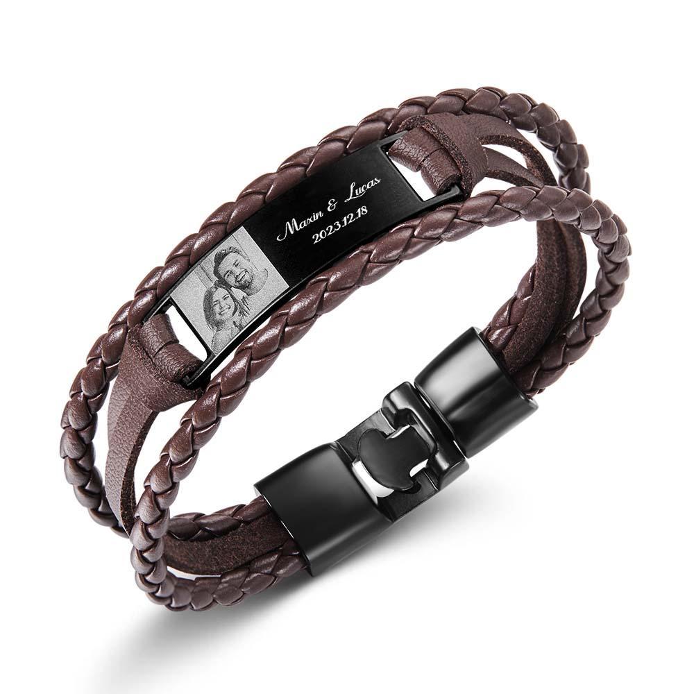 Custom Men's Bracelets Photo Leather Engraved Name and Date Men's Bracelet Best Valentine's Day Gifts for Him - soufeelus