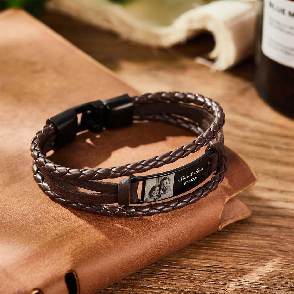 Custom Men's Bracelets Photo Leather Engraved Name and Date Men's Bracelet Best Valentine's Day Gifts for Him - soufeelus