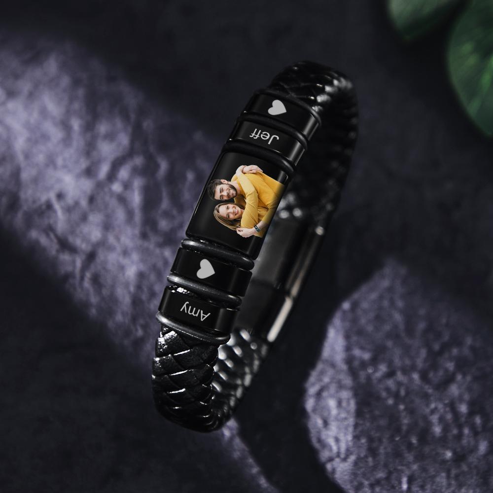 Custom Photo Engraved Bracelet Leather Bracelet Men's Bracelet Gifts for Him - soufeelus