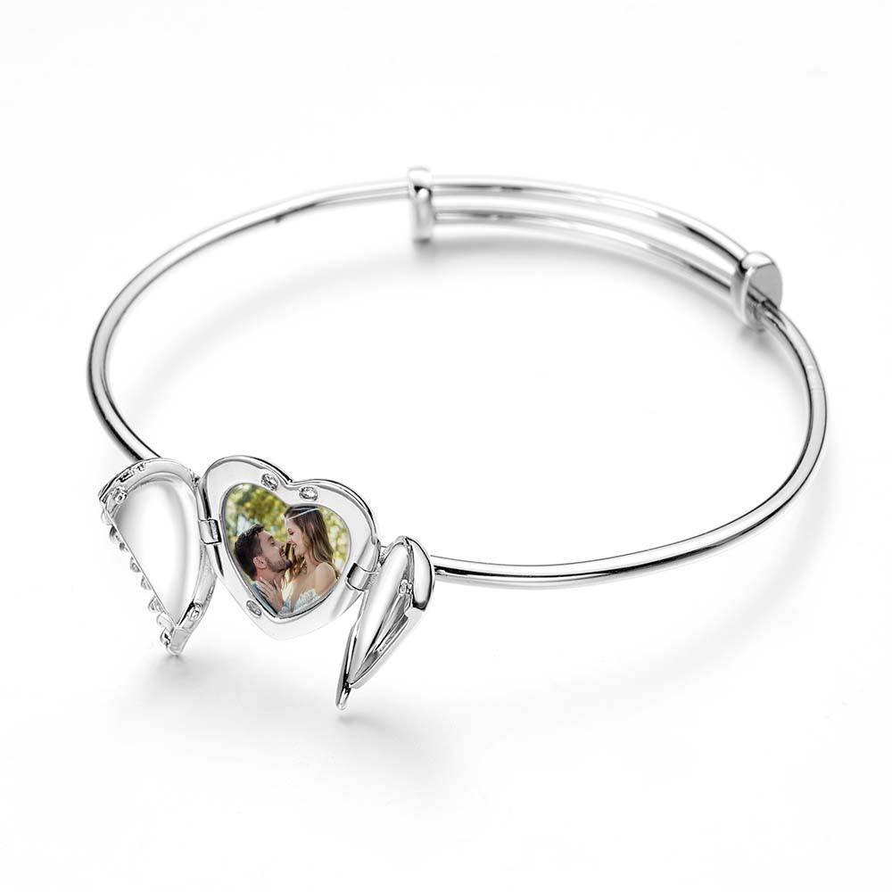 Personalized Photo Love Heart Bracelet for Women Angel Wings Heart Dangle Charm Meaningful Gift  for Her - soufeelus