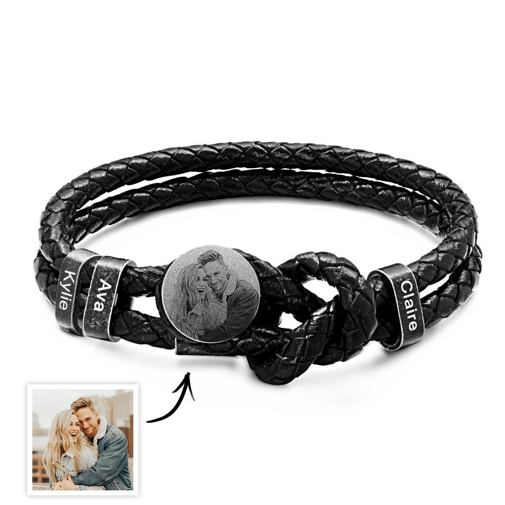 Mens Retro Leather Photo Bracelet with 2-5 Names Custom Family Name Photo Gifts for Dad Fathers Day Gifts - soufeelus