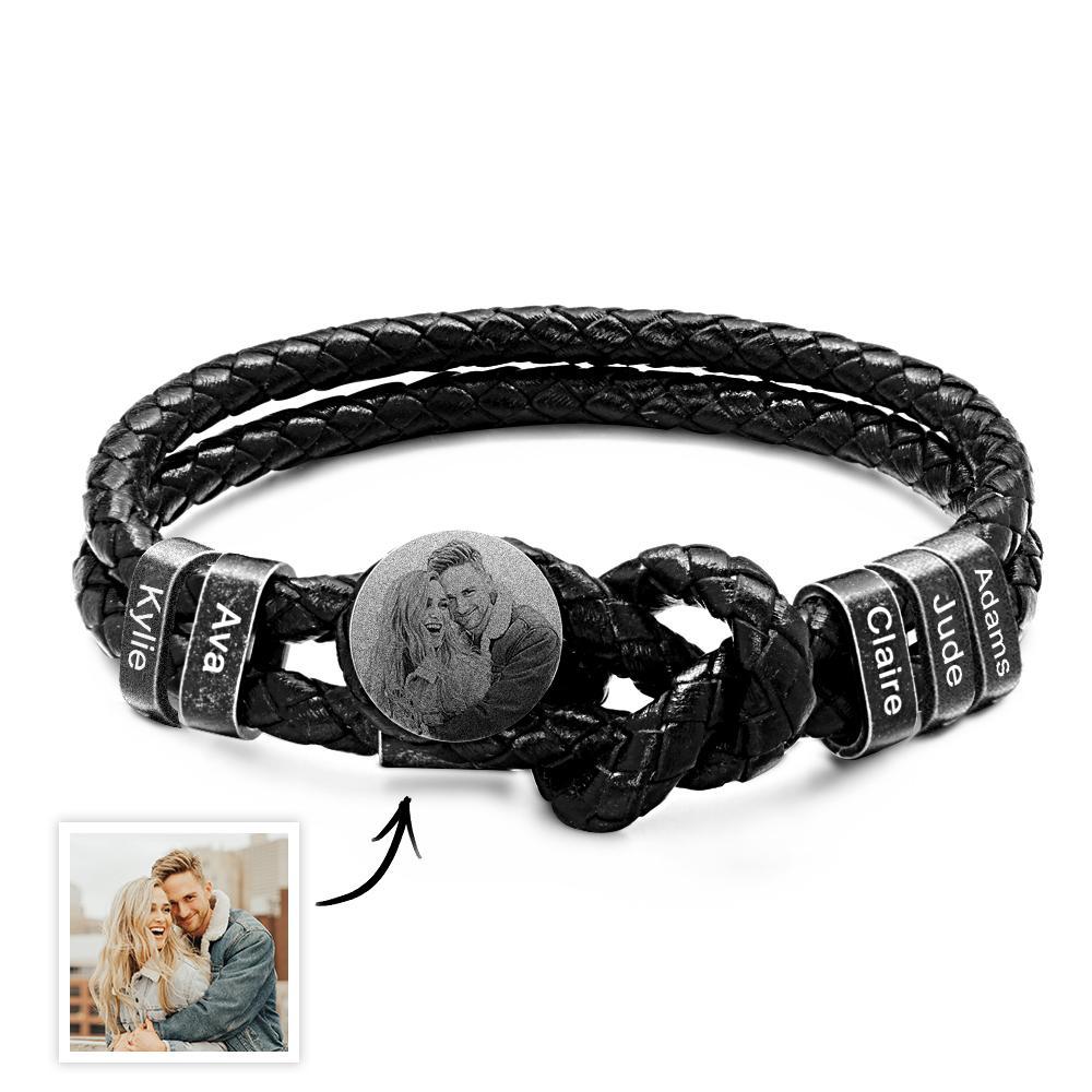 Mens Retro Leather Photo Bracelet with 2-5 Names Custom Family Name Photo Gifts for Dad Fathers Day Gifts - soufeelus