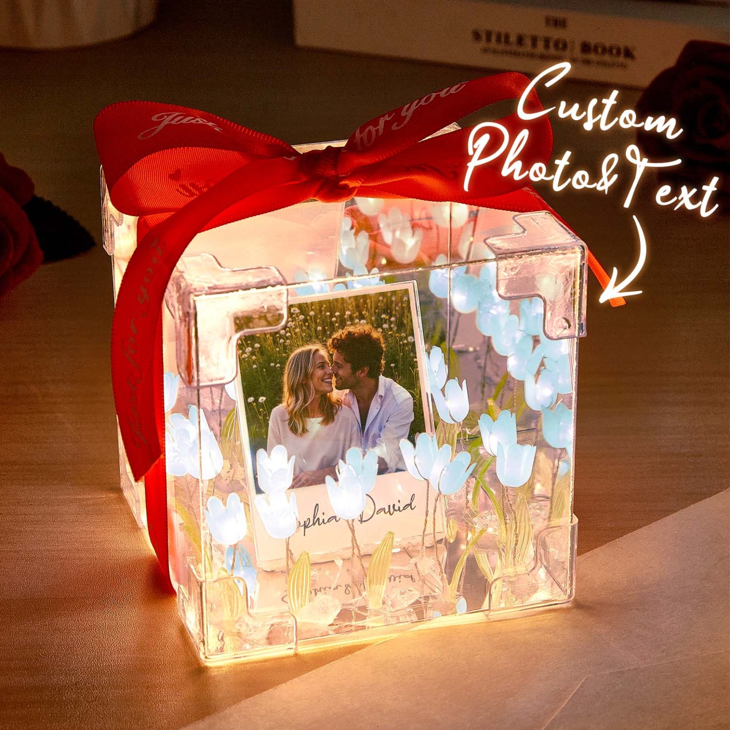 Custom Photo Tulip Flower Infinity Mirror Box Infinity Mirror Flower with Your Picture and Text