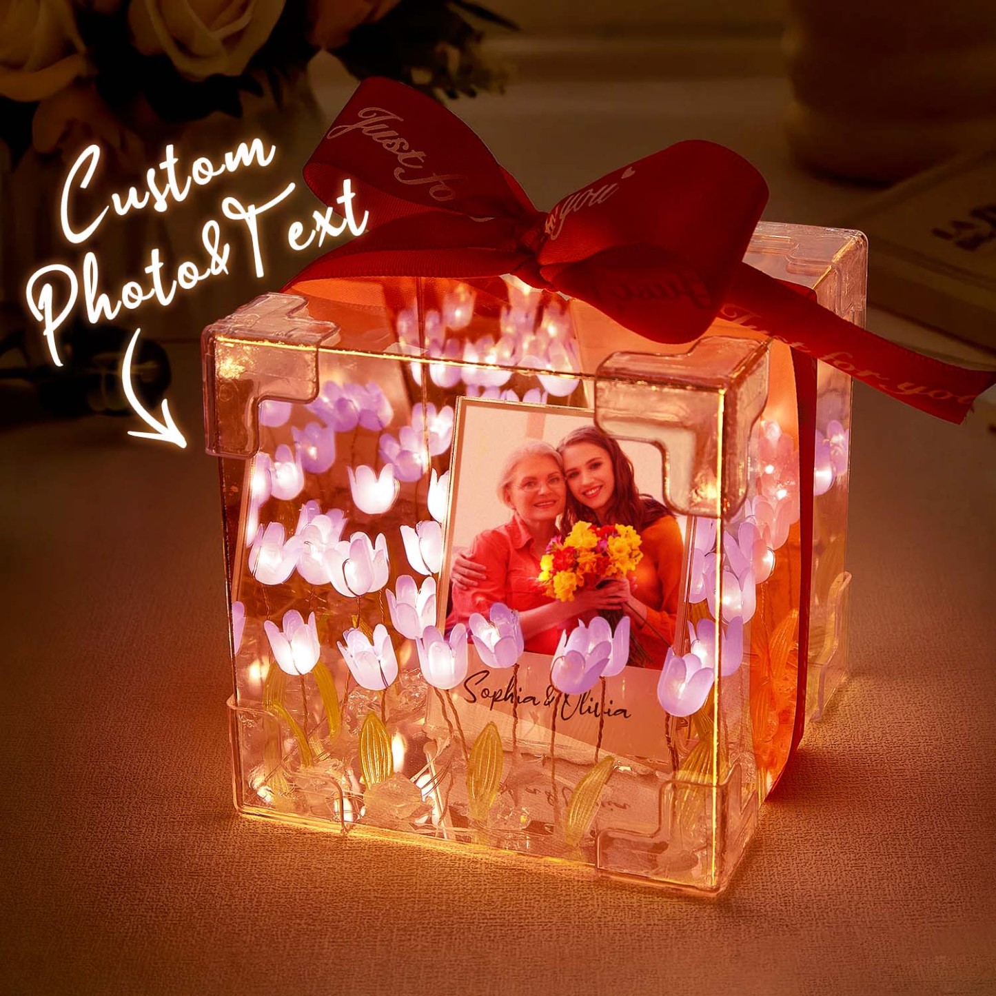 Custom Photo Tulip Flower Infinity Mirror Box Infinity Mirror Flower with Your Picture and Text