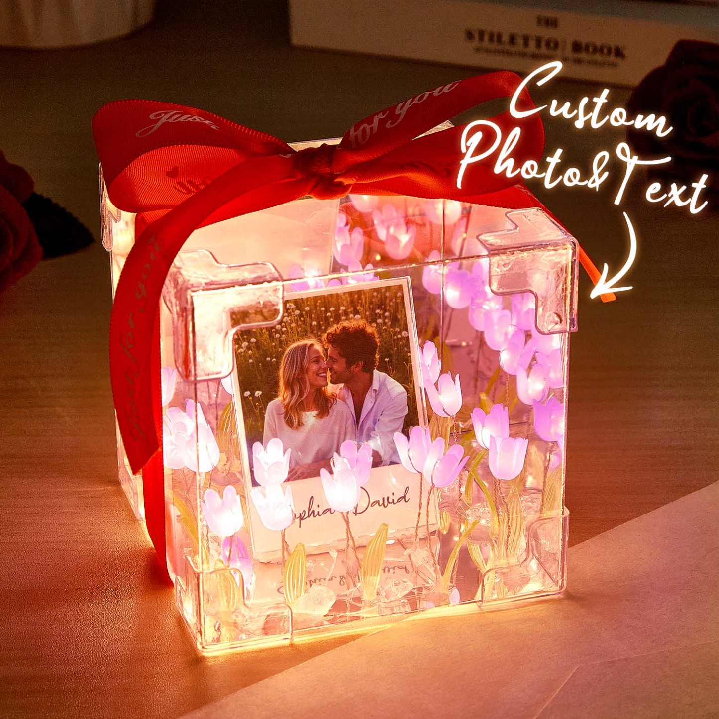 Custom Photo Tulip Flower Infinity Mirror Box Infinity Mirror Flower with Your Picture and Text