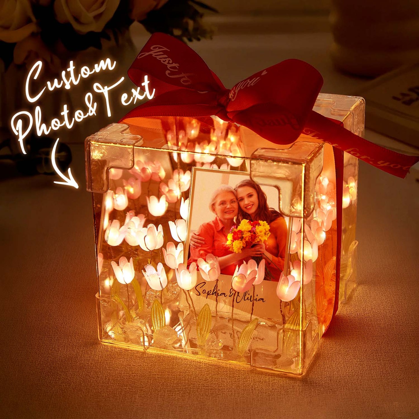 Custom Photo Tulip Flower Infinity Mirror Box Infinity Mirror Flower with Your Picture and Text
