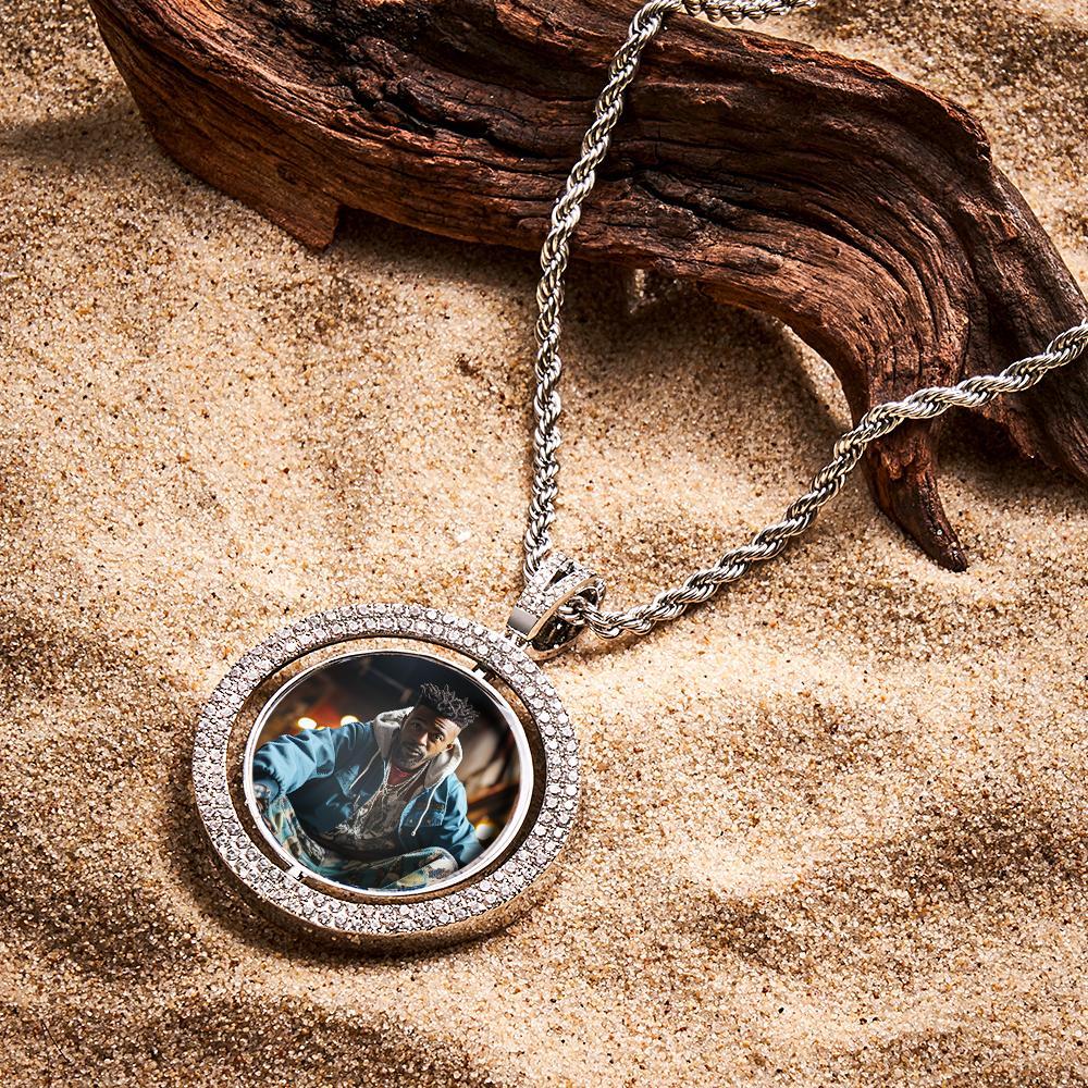 Custom Photo Hip Hop Necklace Rotatable Round Hollow-out Zircon Pendant Necklace For Him - soufeelus