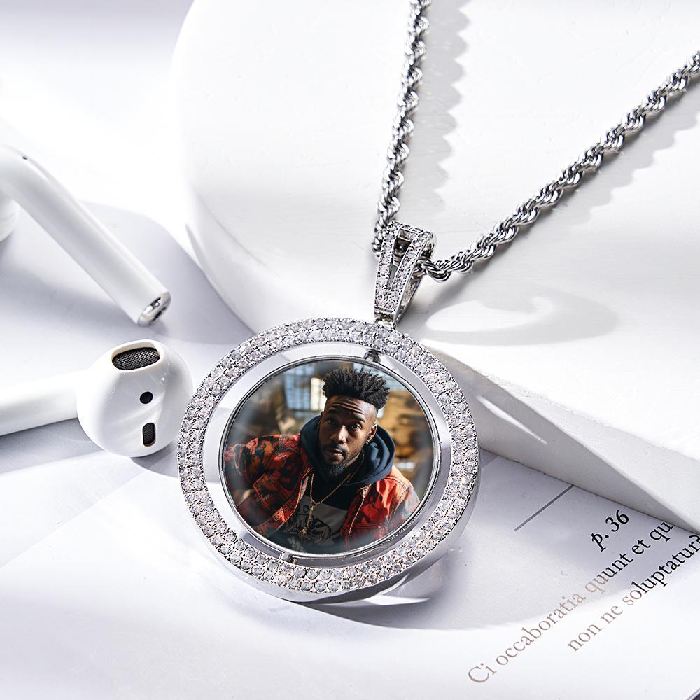 Custom Photo Hip Hop Necklace Rotatable Round Hollow-out Zircon Pendant Necklace For Him - soufeelus