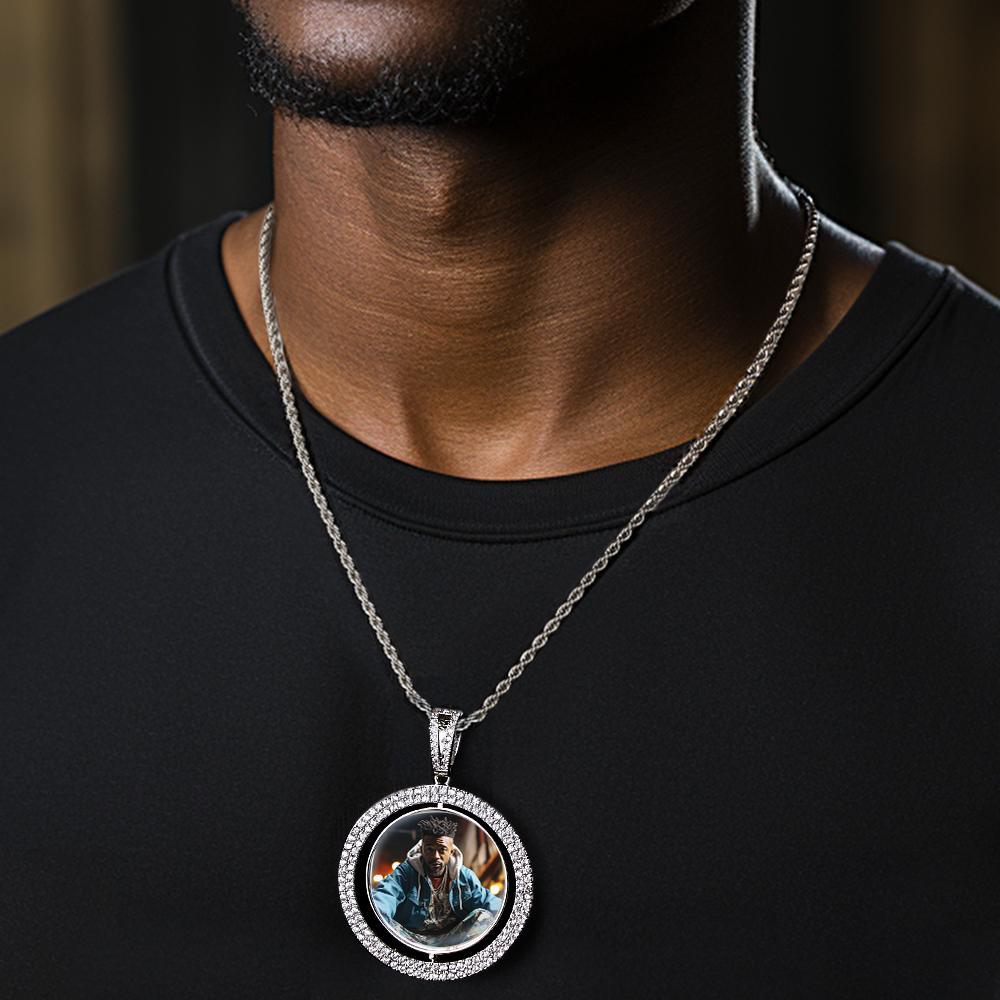 Custom Photo Hip Hop Necklace Rotatable Round Hollow-out Zircon Pendant Necklace For Him - soufeelus