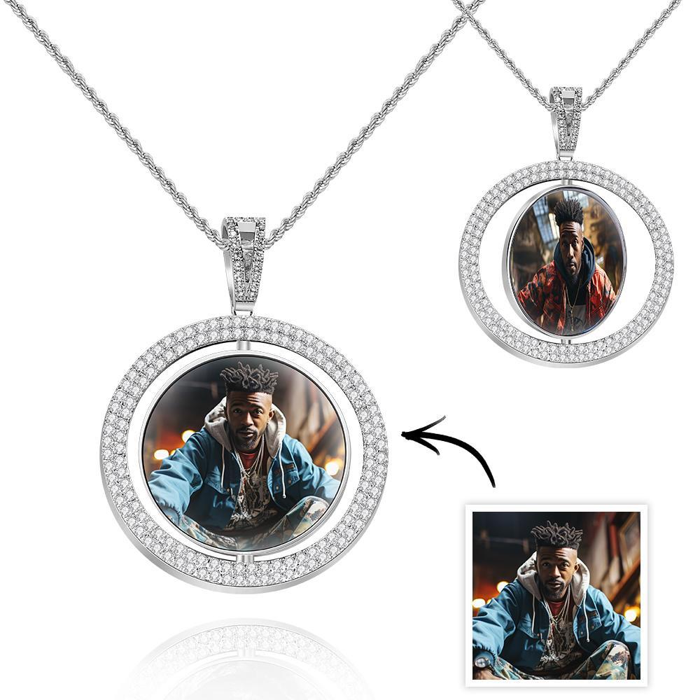 Custom Photo Hip Hop Necklace Rotatable Round Hollow-out Zircon Pendant Necklace For Him - soufeelus