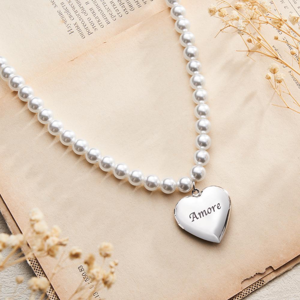 Custom Photo Engraved Necklace Pearl Heart Couple Gift - soufeelus