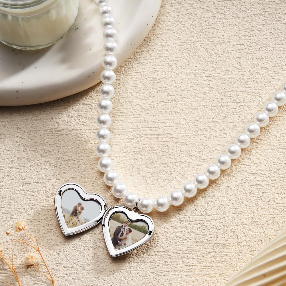 Custom Photo Engraved Necklace Pearl Heart Couple Gift - soufeelus