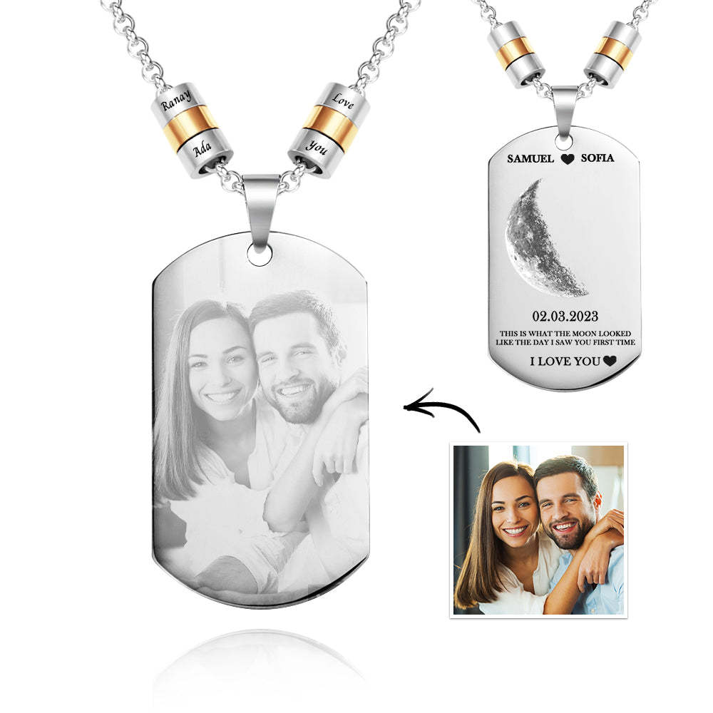 Personalized Moon Phase Photo Necklace With Engraved Beads Edgy Pendant Gifts For Lovers - soufeelus
