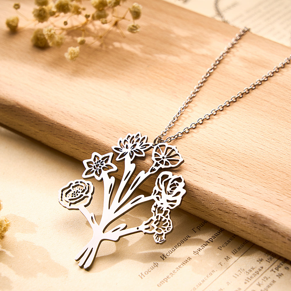 Personalized Combined Birth Flower Bouquet Necklace Gift for Mom - soufeelus