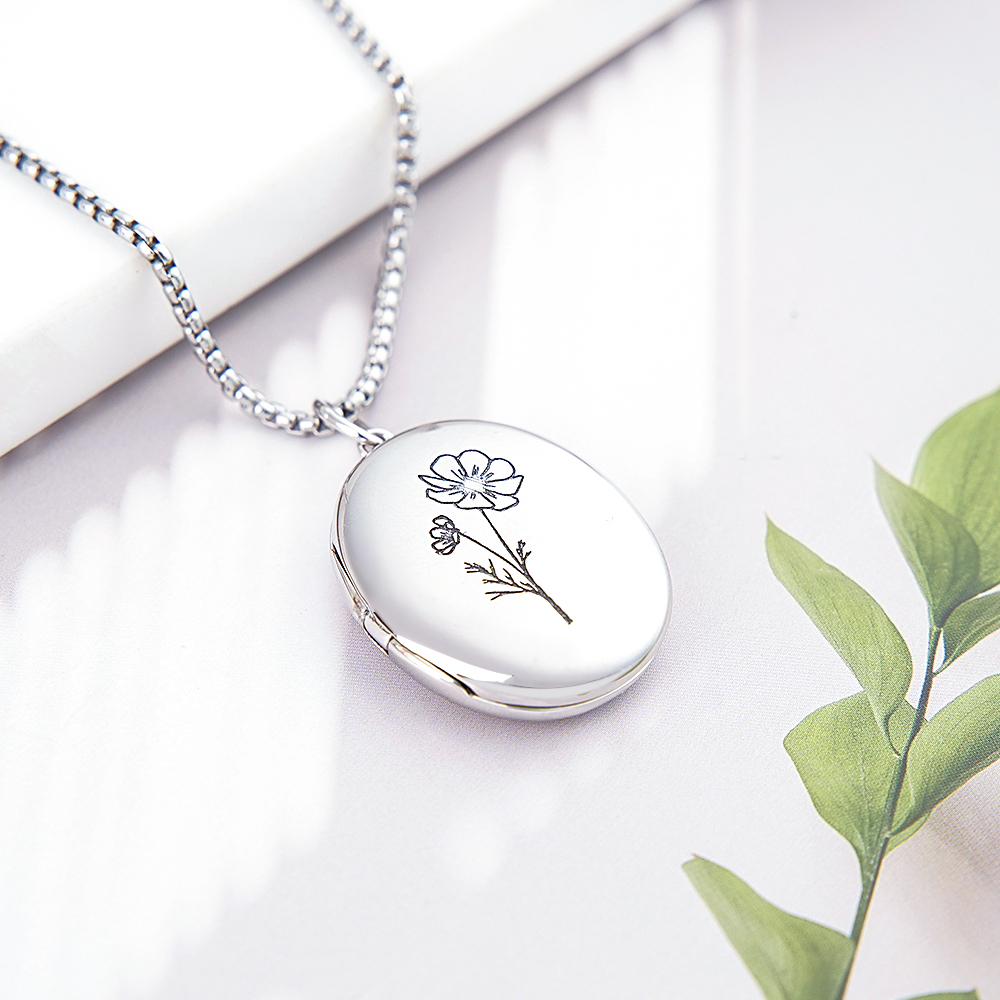 Custom Photo Locket Necklace with Engravable Birth Flower Birthday Gift for Women - soufeelus