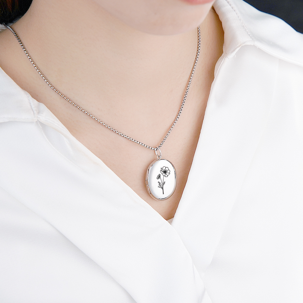 Custom Photo Locket Necklace with Engravable Birth Flower Birthday Gift for Women - soufeelus