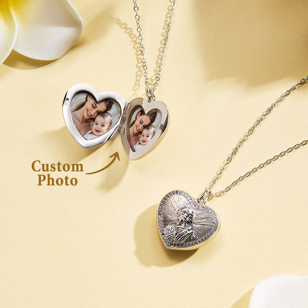 Personalized Photo Necklace Heart Embossed Cubic Locket Necklace Gift for Mom - soufeelus