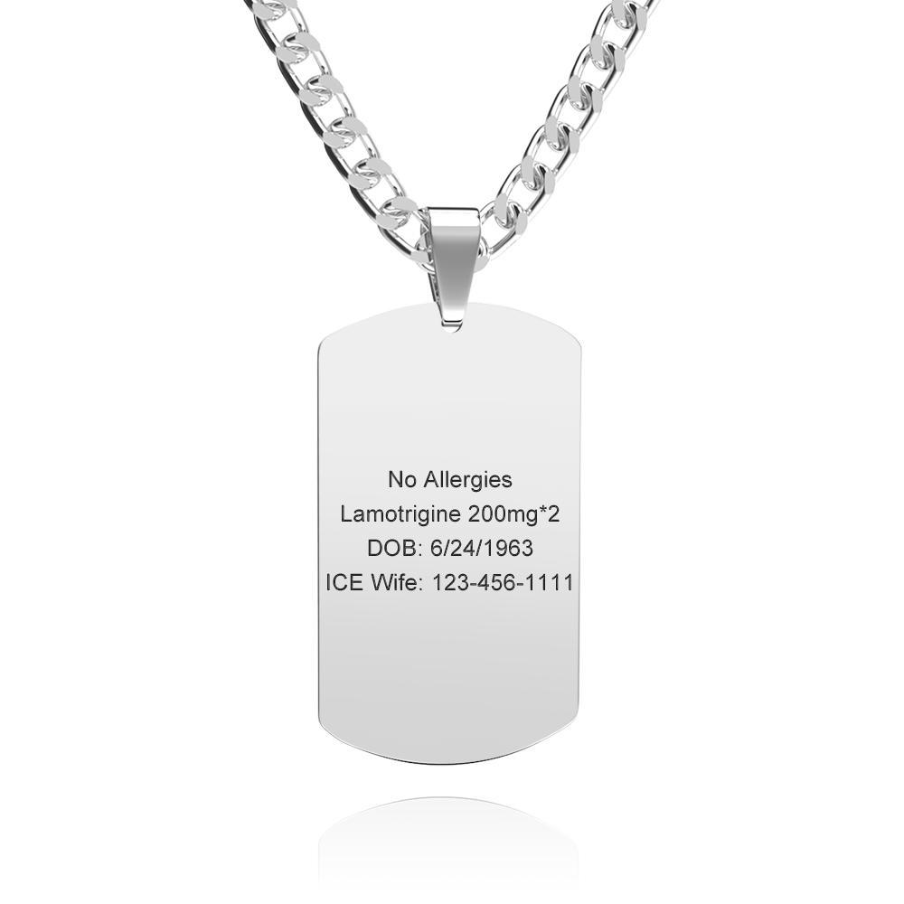 Medical Alert Emergency ID Necklace Men's Tag Necklace with Double Sides Engraving Stainless Steel Personalized Medical Necklace - soufeelus