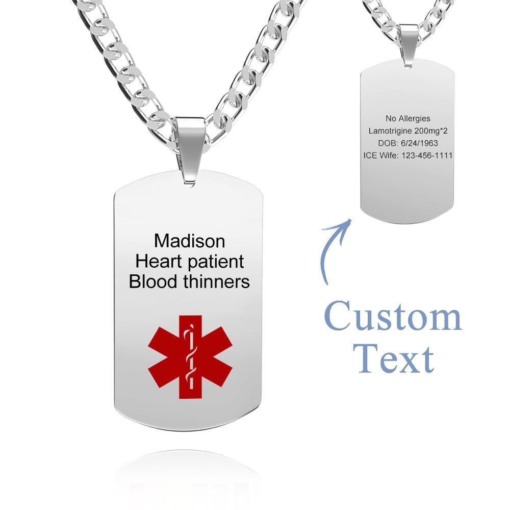 Medical Alert Emergency ID Necklace Men's Tag Necklace with Double Sides Engraving Stainless Steel Personalized Medical Necklace - soufeelus