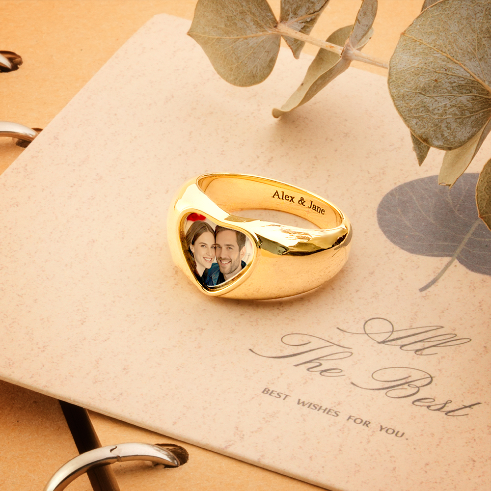 Customized Signet Photo Rings Heart Chunky Band Ring Stainless Steel Personalized Jewelry for Men Women