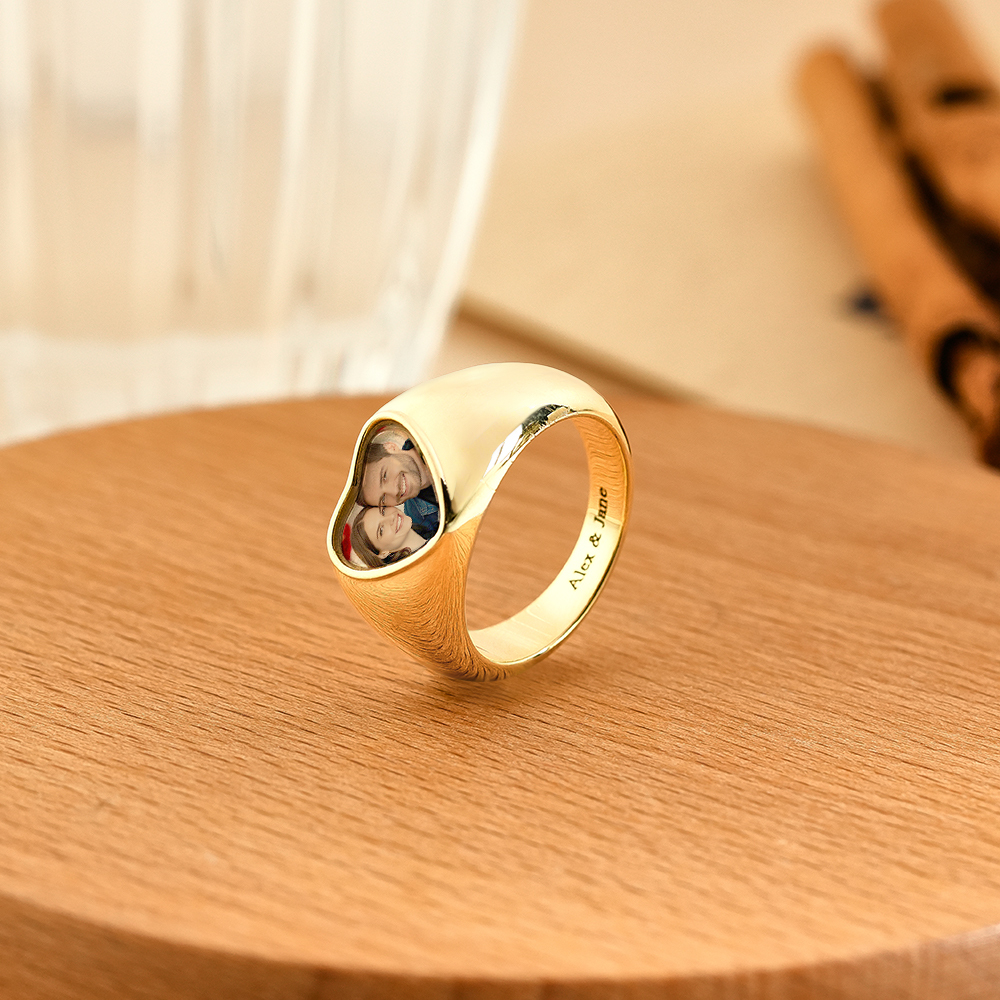 Customized Signet Photo Rings Heart Chunky Band Ring Stainless Steel Personalized Jewelry for Men Women