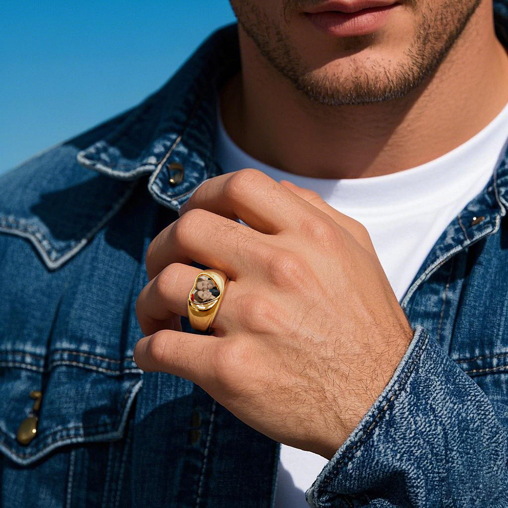 Customized Signet Photo Rings Heart Chunky Band Ring Stainless Steel Personalized Jewelry for Men Women