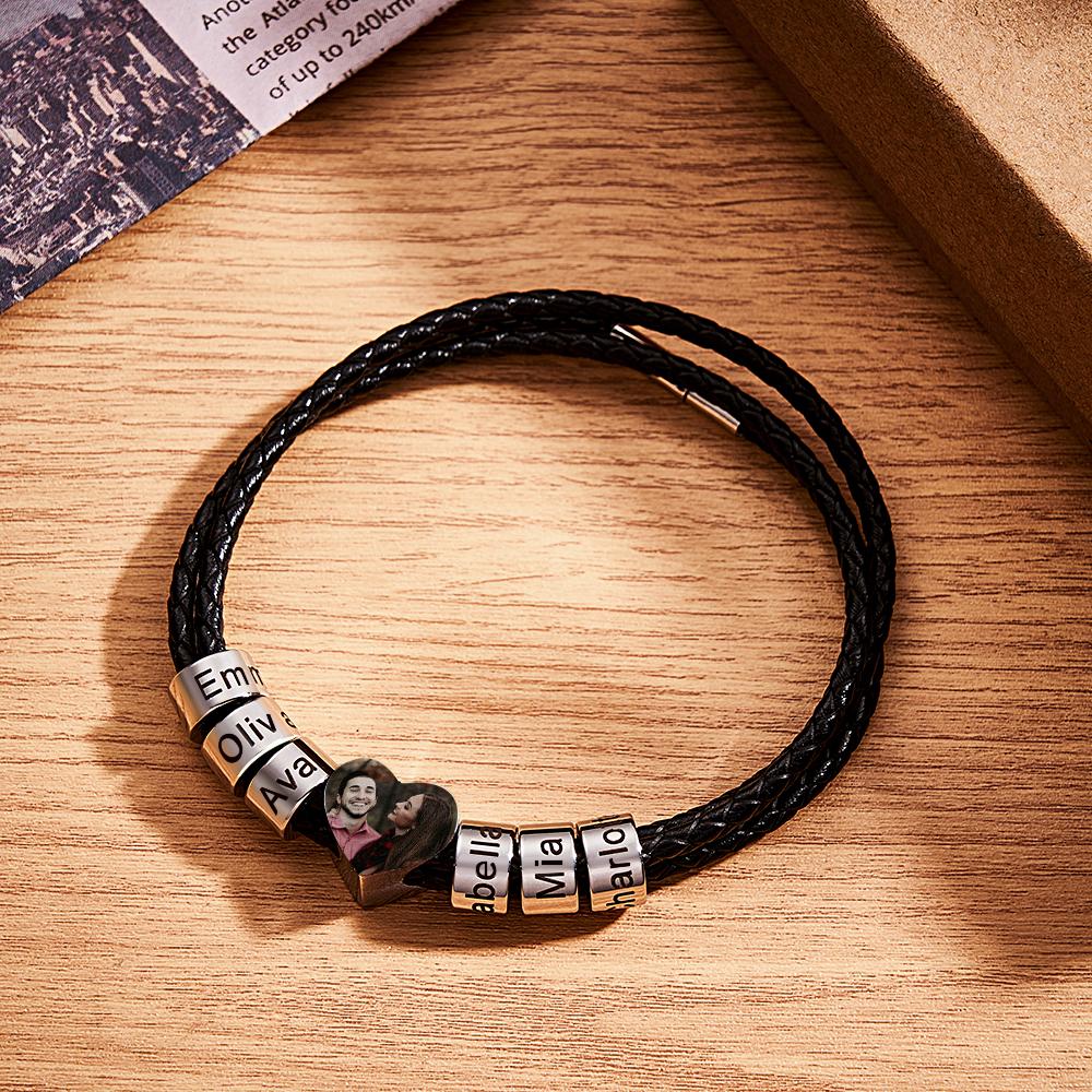 Custom Photo Name Bracelet Weave Leather Gift for Dad - soufeelus