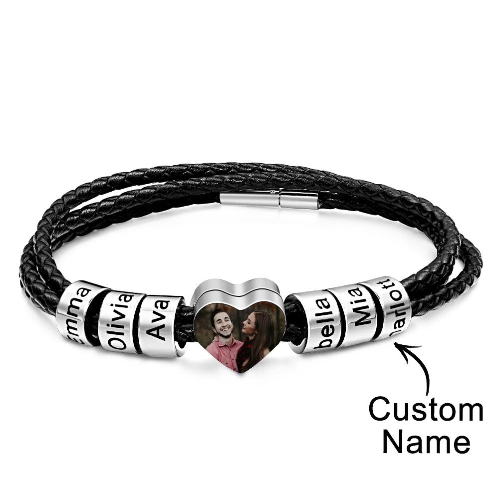 Custom Photo Name Bracelet Weave Leather Gift for Dad - soufeelus