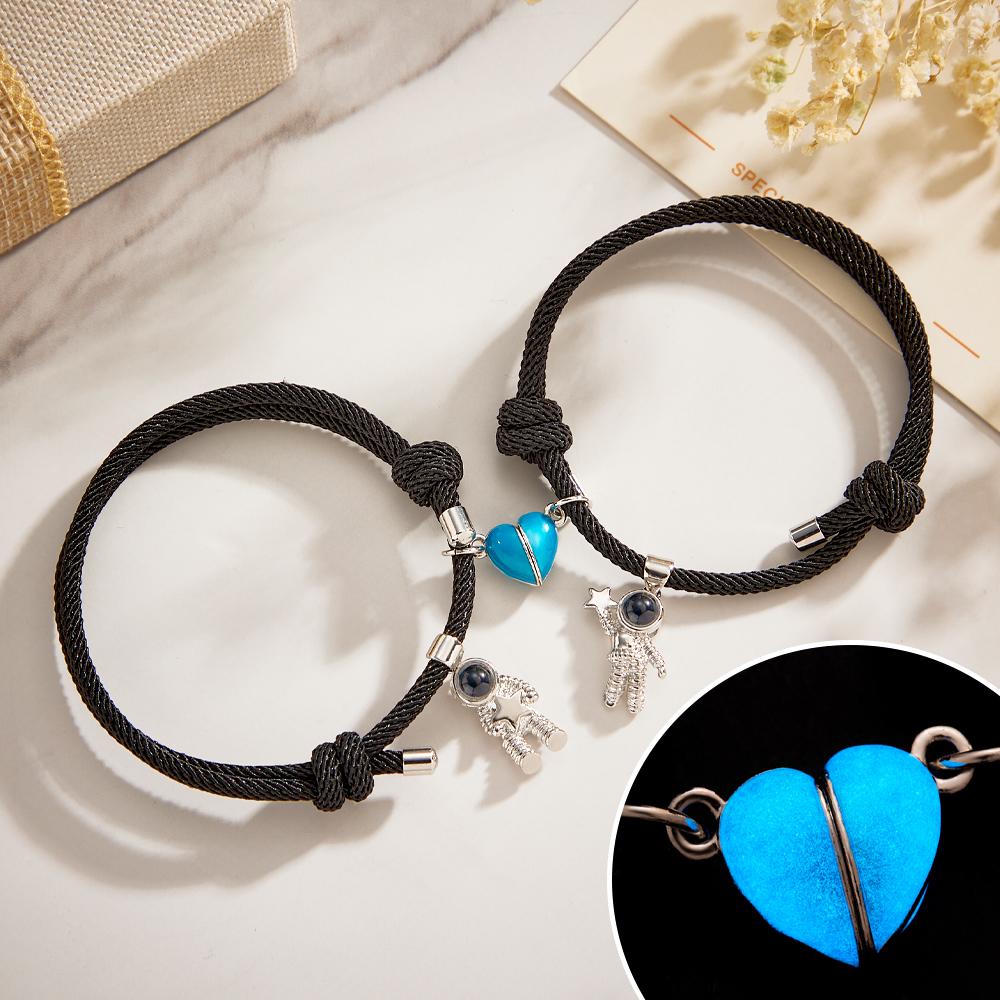 Custom Photo Projection Matching Bracelets for Couples Magnetic Glow-in-the-Dark Heart Shape - soufeelus