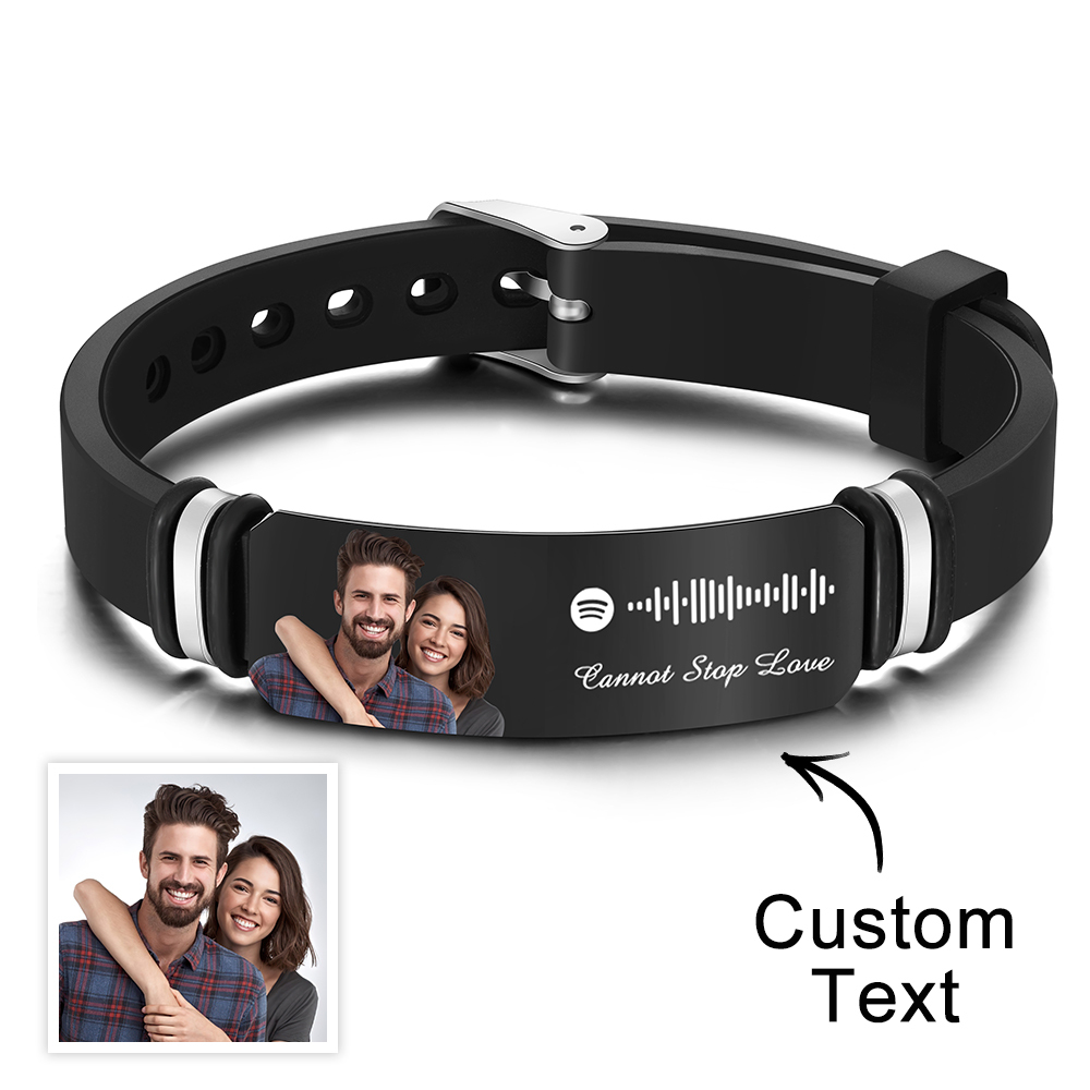 Custom Photo Engraved Spotify Music Black Bracelet For Him Personalized Bracelet Perfect Gift For Valentines Day - soufeelus