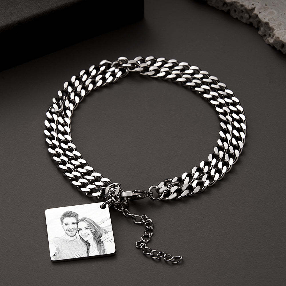 Custom Photo Engraved Date Bracelet Personalized Calendar Double Chain Bracelet Gift For Men - soufeelus