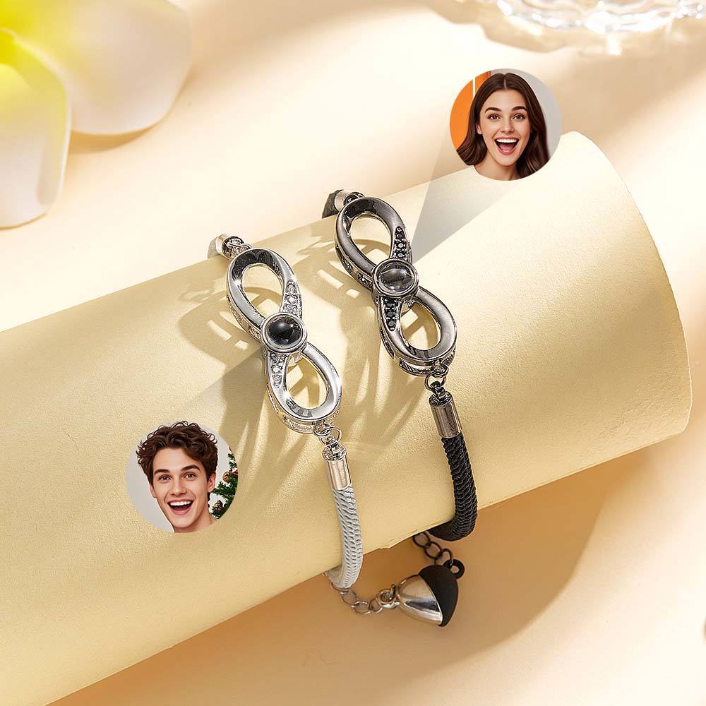 Personalized Infinite Projection Bracelet Set of 2 with Magnetic Heart Bracelet Anniversary Gift for Couple - soufeelus