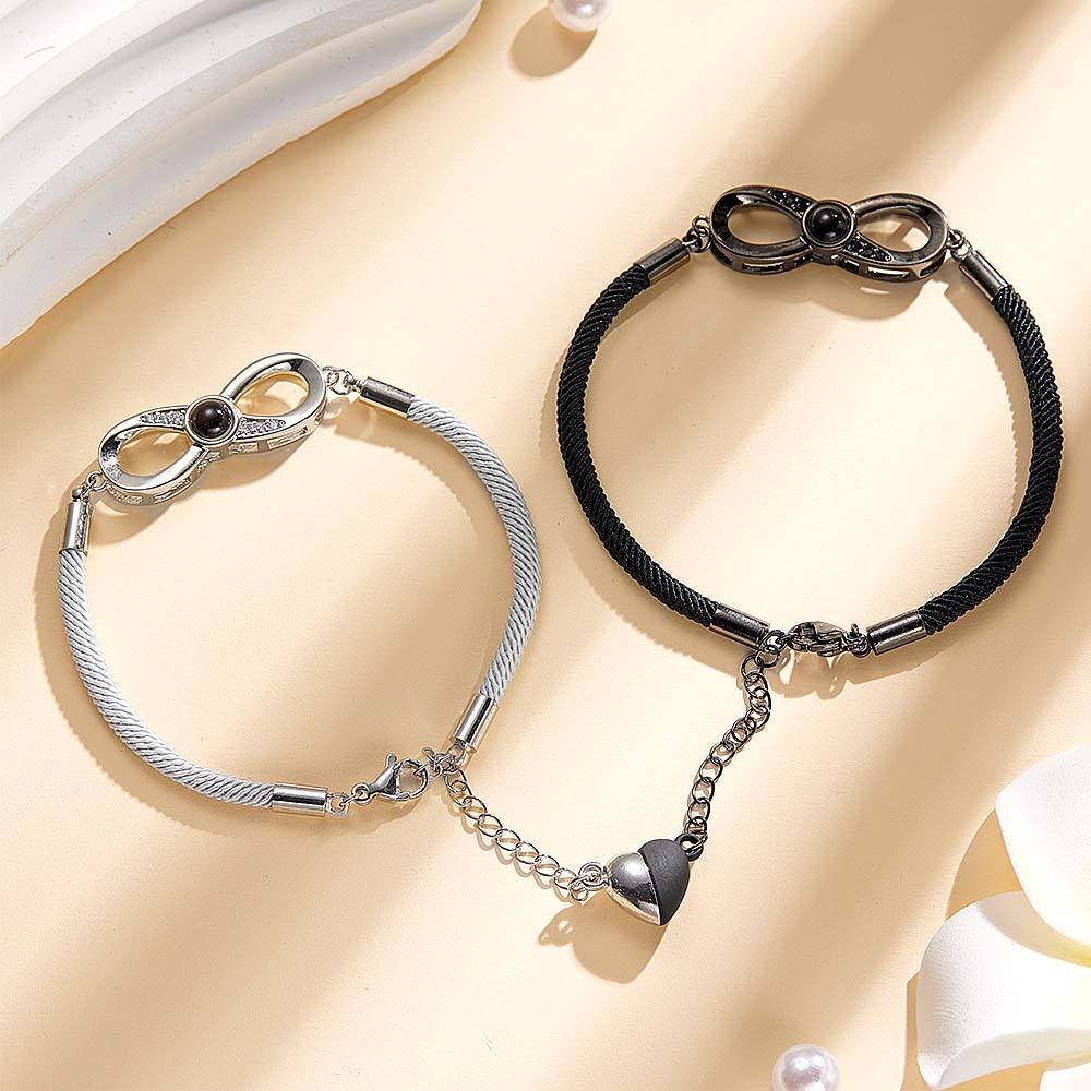 Personalized Infinite Projection Bracelet Set of 2 with Magnetic Heart Bracelet Anniversary Gift for Couple - soufeelus