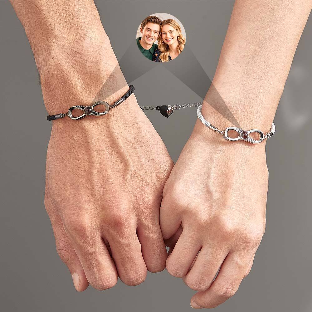 Personalized Infinite Projection Bracelet Set of 2 with Magnetic Heart Bracelet Anniversary Gift for Couple - soufeelus