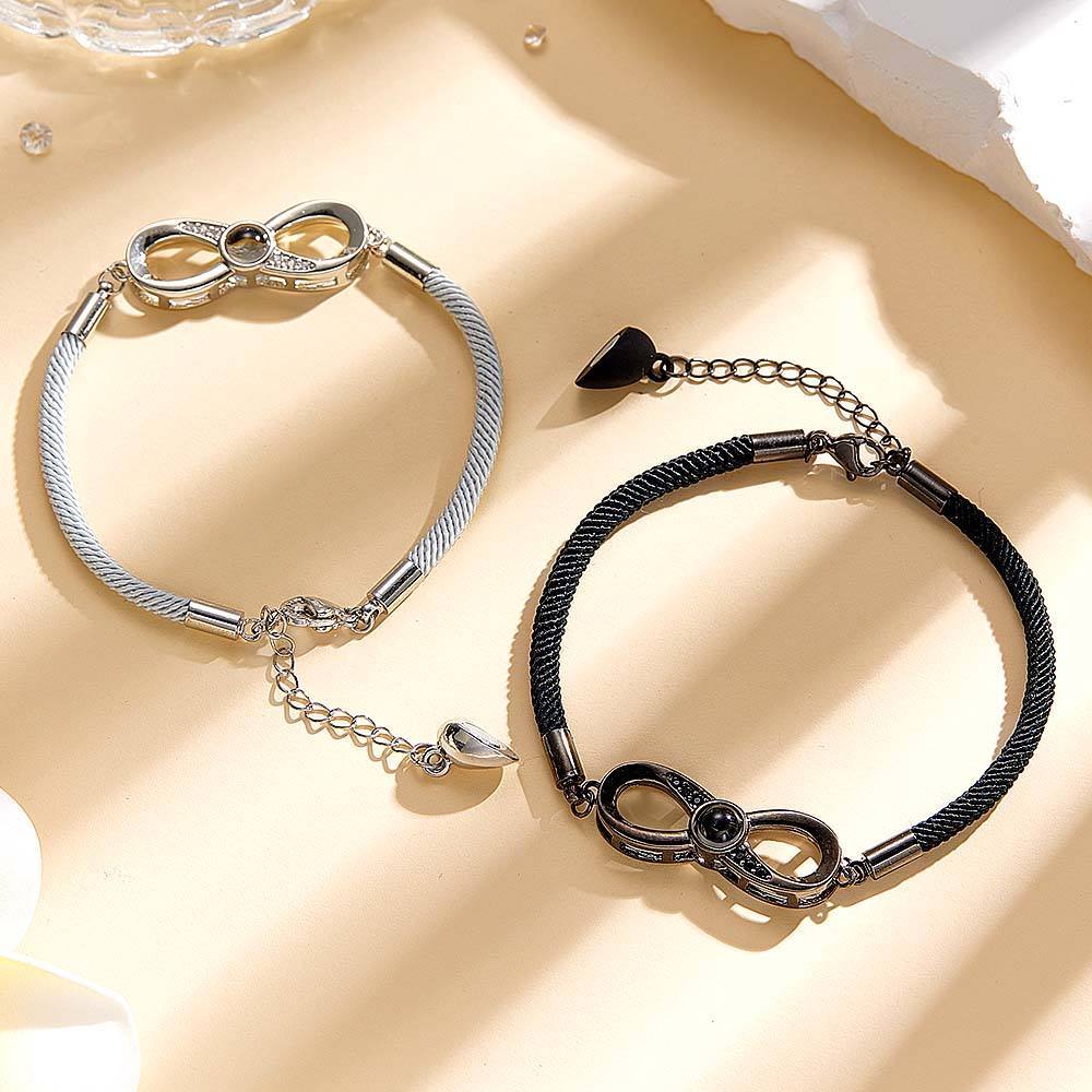 Personalized Infinite Projection Bracelet Set of 2 with Magnetic Heart Bracelet Anniversary Gift for Couple - soufeelus