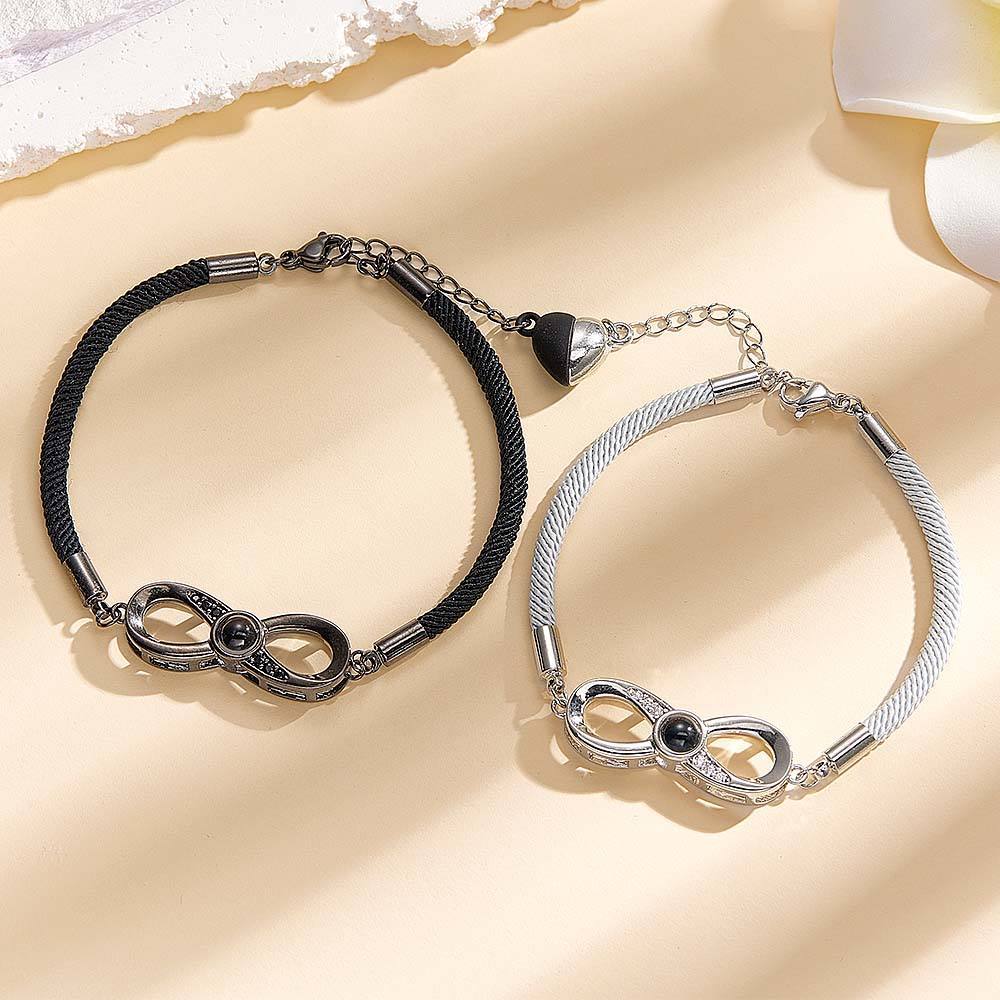 Personalized Infinite Projection Bracelet Set of 2 with Magnetic Heart Bracelet Anniversary Gift for Couple - soufeelus