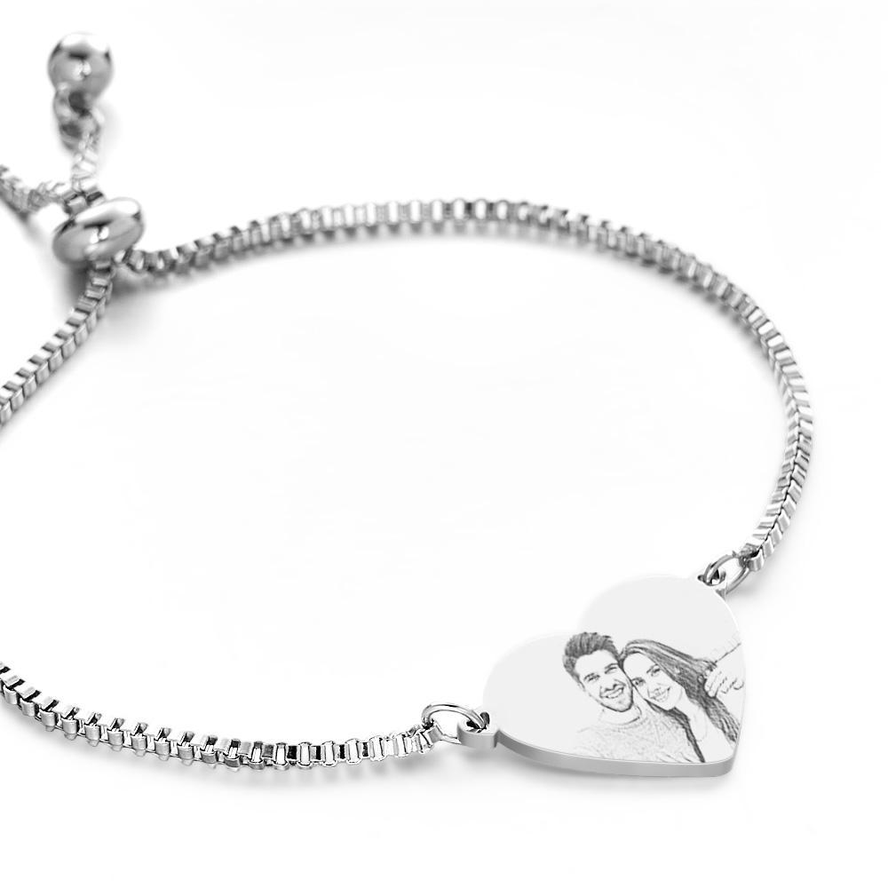 Personalized Custom Photo Text Stainless Steel Adjustable Bracelet Carved Heart Shaped Pendant Fashion Jewelry Custom Gift for Women - soufeelus