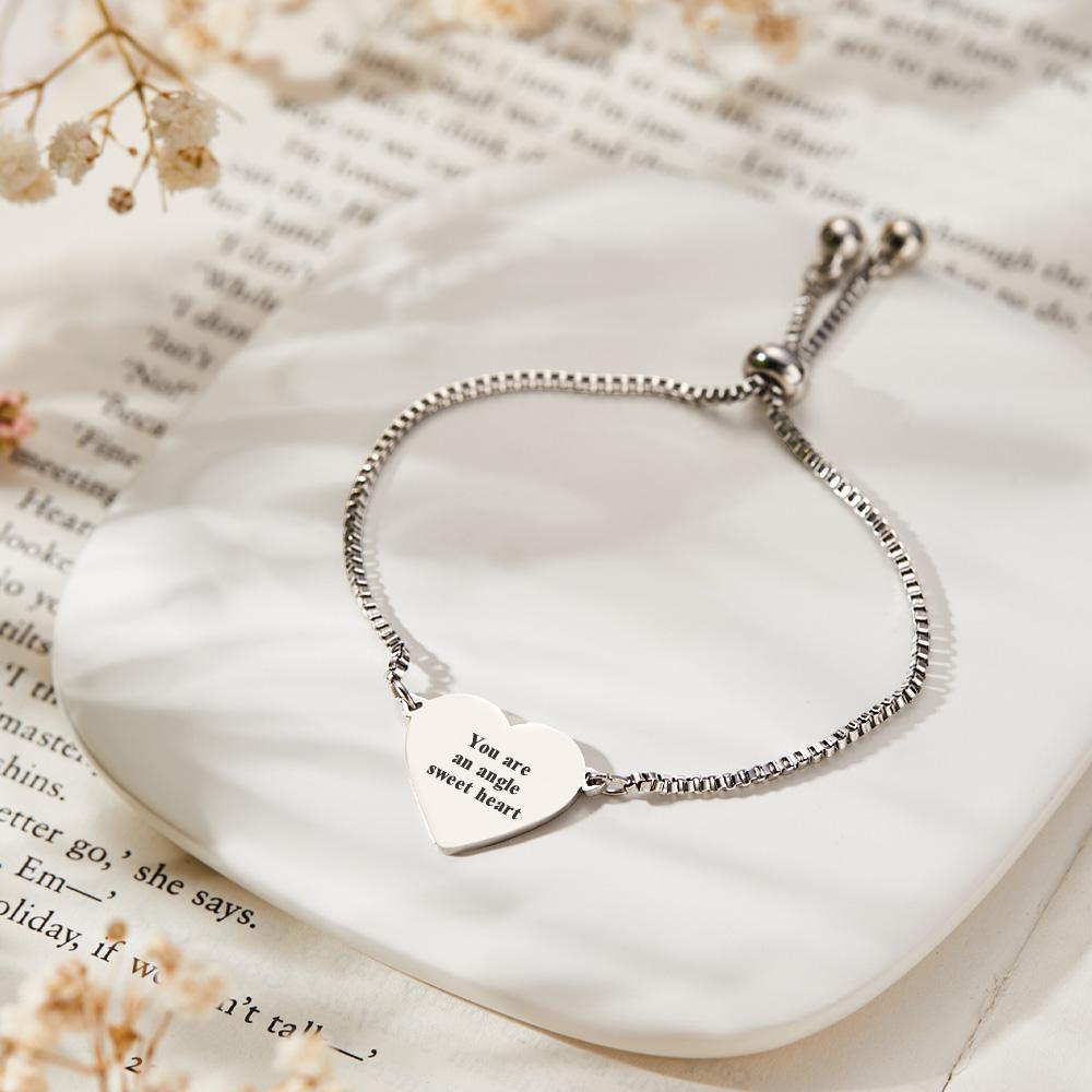 Personalized Custom Photo Text Stainless Steel Adjustable Bracelet Carved Heart Shaped Pendant Fashion Jewelry Custom Gift for Women - soufeelus