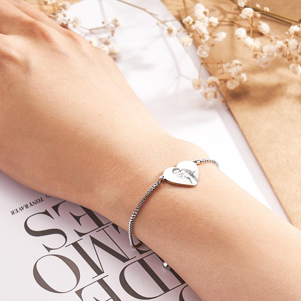 Personalized Custom Photo Text Stainless Steel Adjustable Bracelet Carved Heart Shaped Pendant Fashion Jewelry Custom Gift for Women - soufeelus