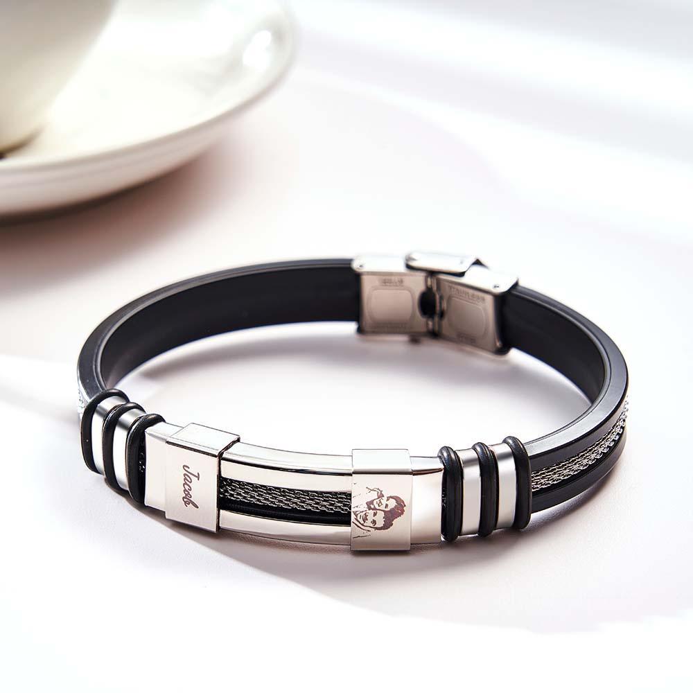 Mens Silicone Photo Bracelet with text Custom Family Photo Gifts for Dad Personalised Gift for Him - soufeelus
