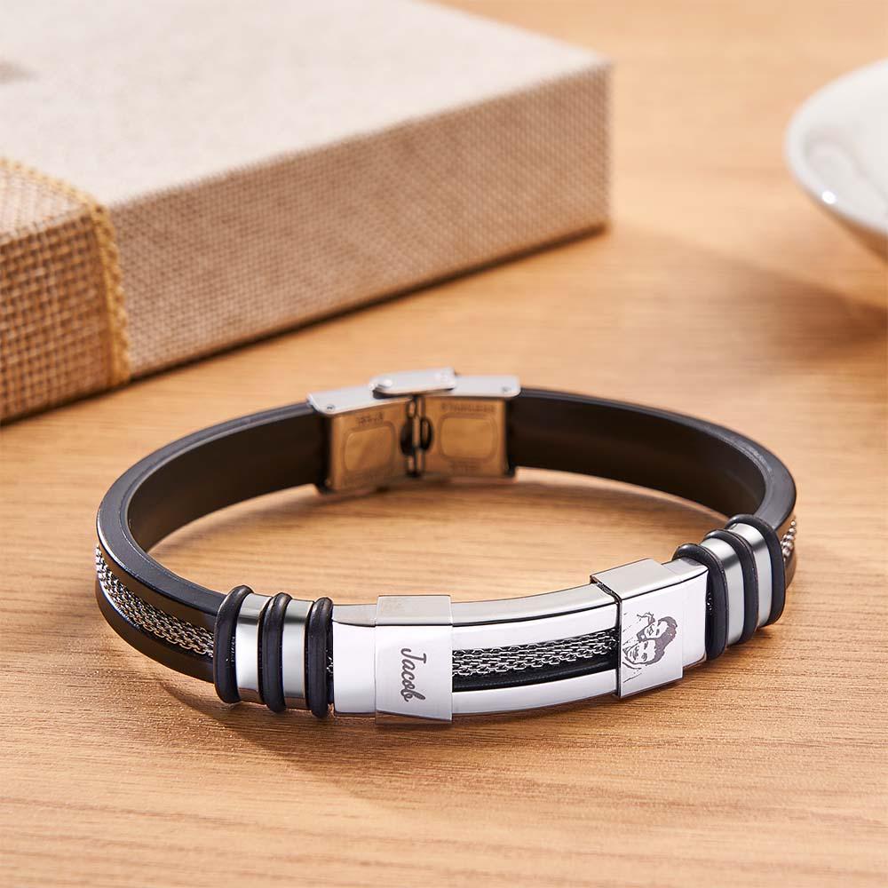 Mens Silicone Photo Bracelet with text Custom Family Photo Gifts for Dad Personalised Gift for Him - soufeelus