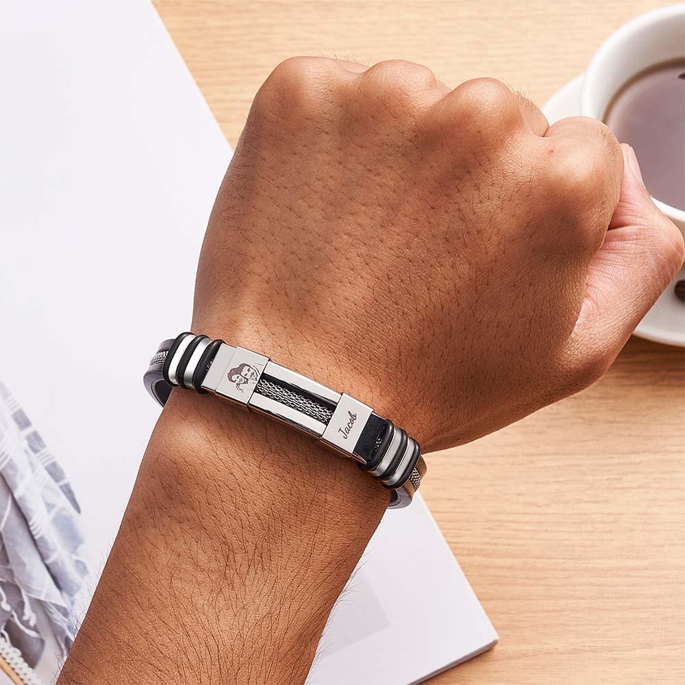 Mens Silicone Photo Bracelet with text Custom Family Photo Gifts for Dad Personalised Gift for Him - soufeelus