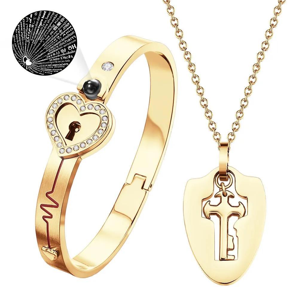 Custom Projection Couple Bracelets & Necklace Shield Key Pendant Necklace and Lock Bracelet You Hold the Key to My Heart Valentine's Day Gift
