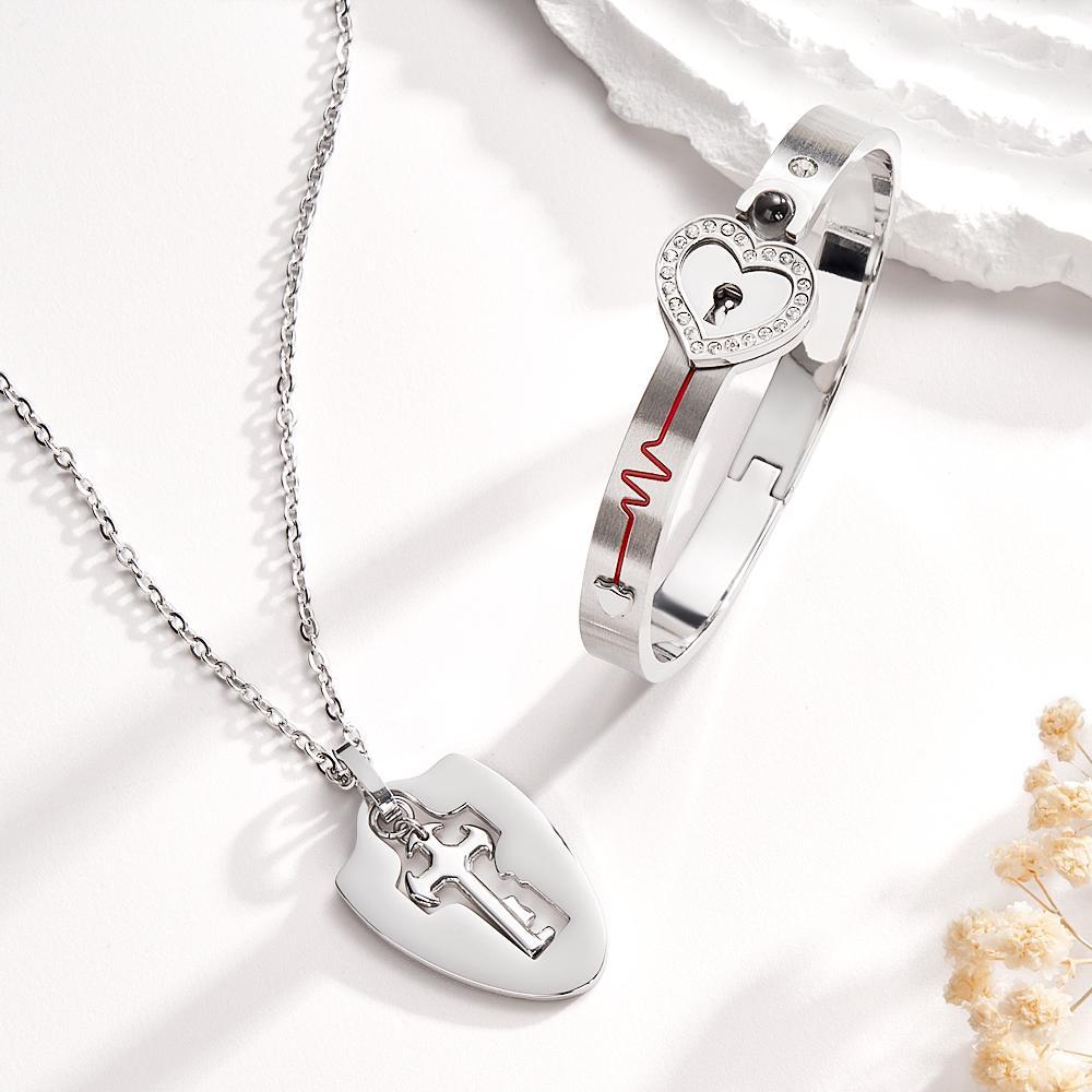 Custom Projection Shield Key Pendant Necklace and Lock Bracelet You Hold the Key to My Heart Gift - soufeelus